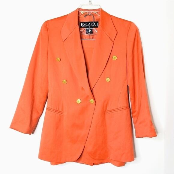 Escada Margaretha Ley Coral Gold Buttons Blazer Skirt Suit Size 6 - Picture 1 of 7